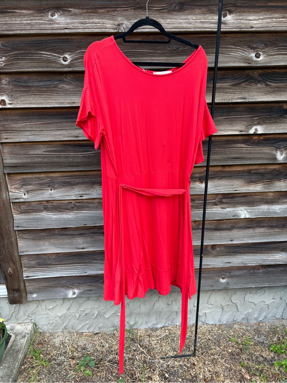 LOFT Coral Short-Sleeve Belted Midi Dress